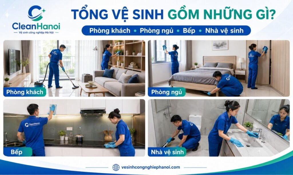 Tổng vệ sinh nhà cửa ở Hà Nội gồm những công việc gì? Kinh nghiệm thuê dịch vụ 2 Các hạng mục tổng vệ sinh gồm phòng khách, phòng ngủ, bếp và nhà vệ sinh