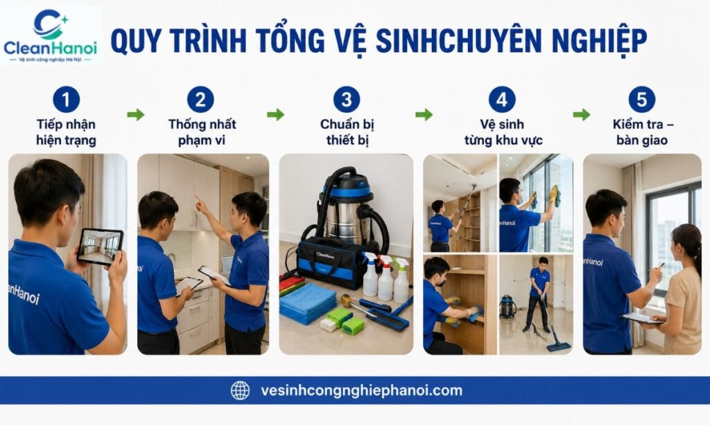 Tổng vệ sinh nhà cửa ở Hà Nội gồm những công việc gì? Kinh nghiệm thuê dịch vụ 5 Tổng vệ sinh nên được thực hiện theo thứ tự từ trên xuống dưới, từ trong ra ngoài.